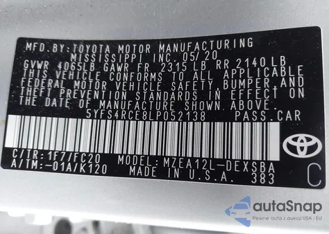 2020 Toyota Corolla Se из США, поврежденный, VIN 5YFS4RCE8LP052138